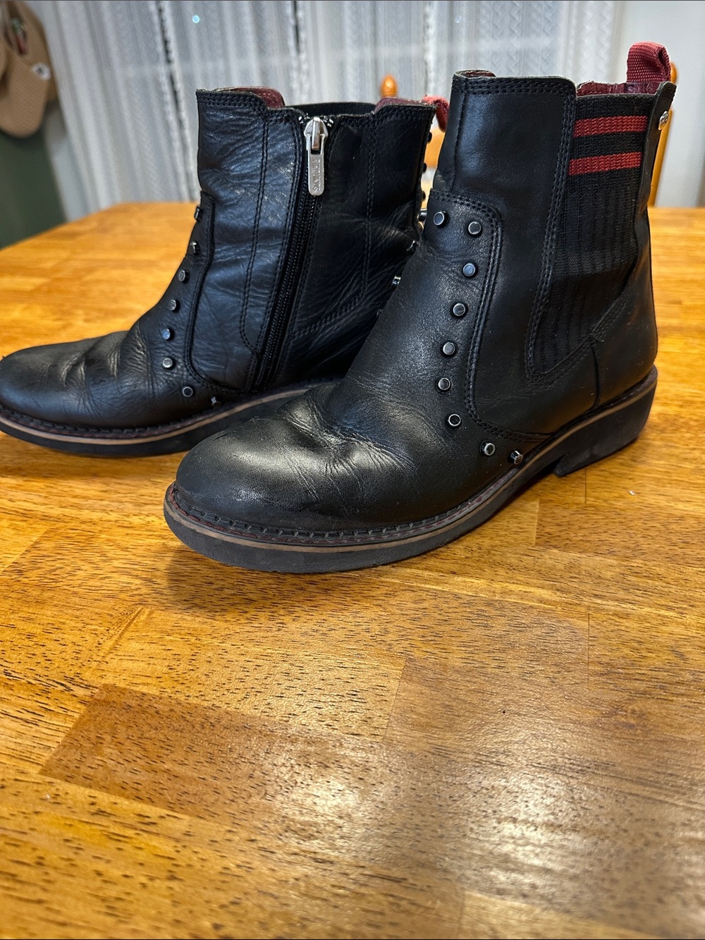 PIKOLINOS Black Leather Vicar Ankle Boots, Black Studded with Red Stripe Detail